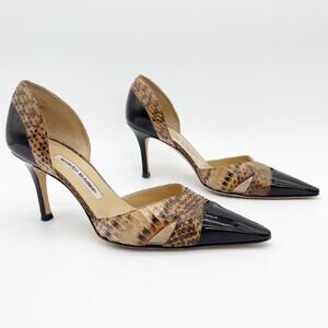 Manolo Blahnik Retro Brown Python Snakeskin PVC Cutout Pointed Toe Heels IT 39.5